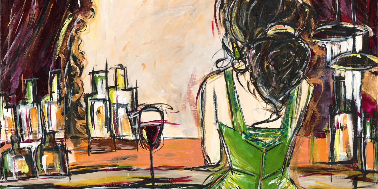 Artistic depiction of a woman in a bar with bottles and glasses.